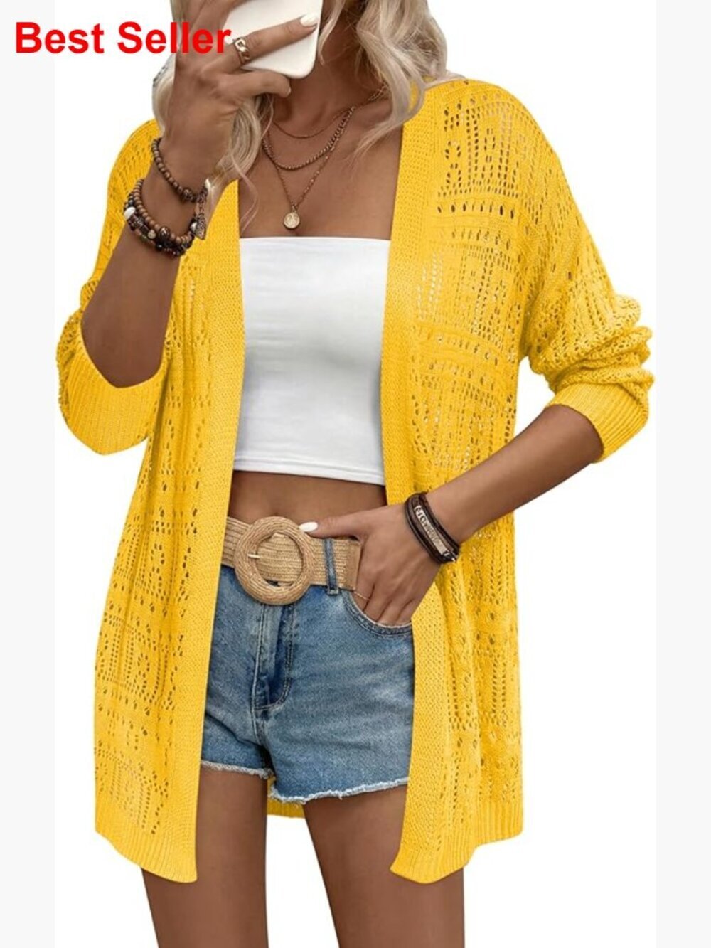 Lightweight Crochet Cardigan Sweater Long Sleeve Open Front Boho Cover Up